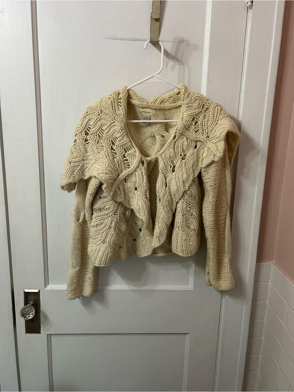 Open-Knit Ruffle Cardigan Sweater in Cream